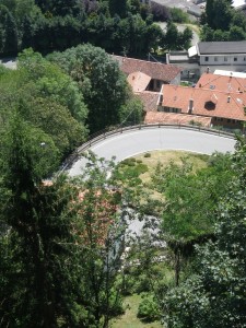 Looking down at a hairpin turn from the climb