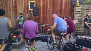 Steven pedaling to provide power to the amps...